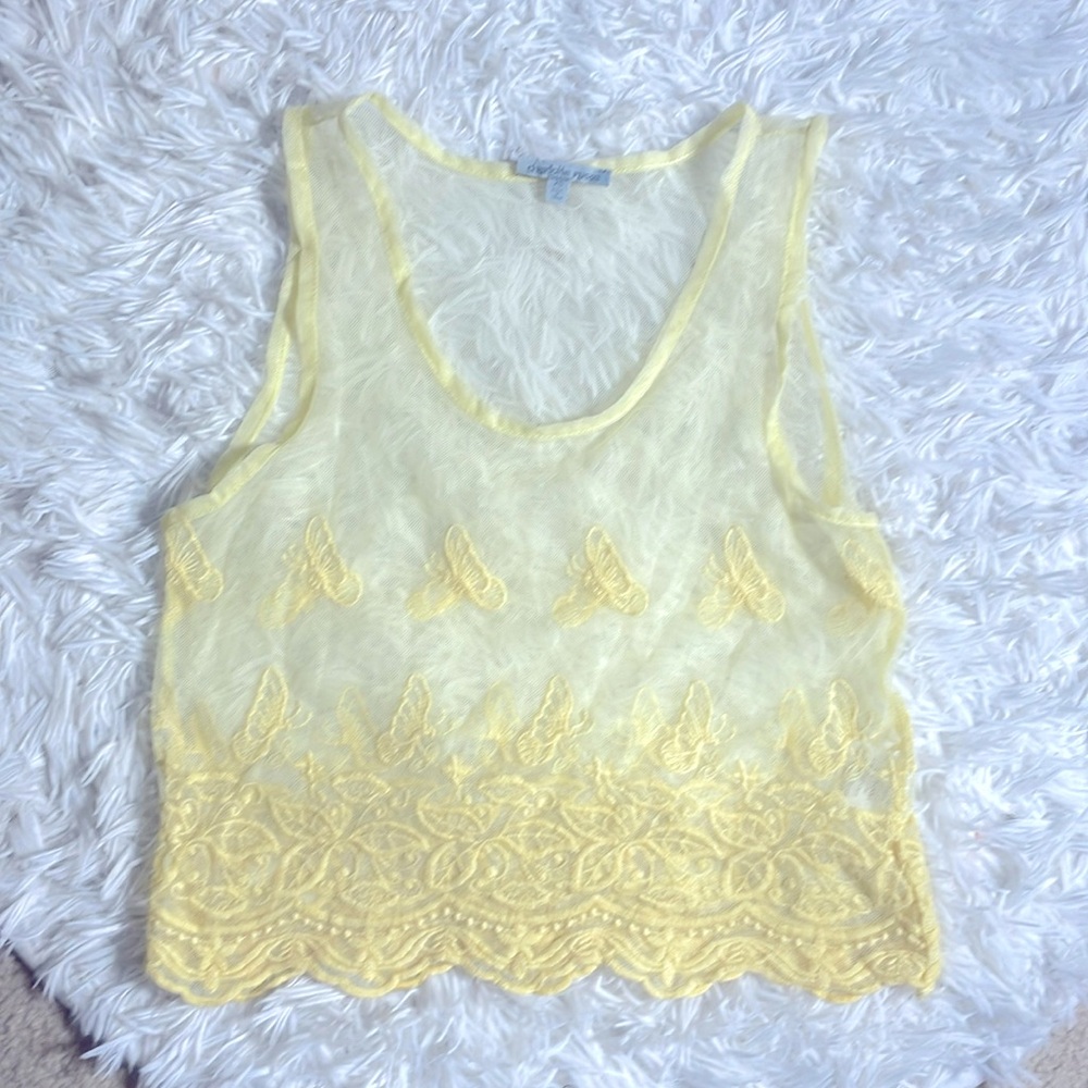 Charlotte Russe Mesh Embroidered Butterfly Pattern Butter Yellow Crop Tank Lacy